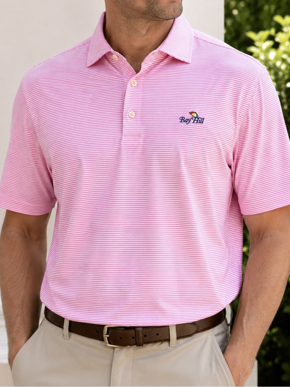 Peter Millar Bay Hill Golf Club Pink and White Striped Polo Shirt
